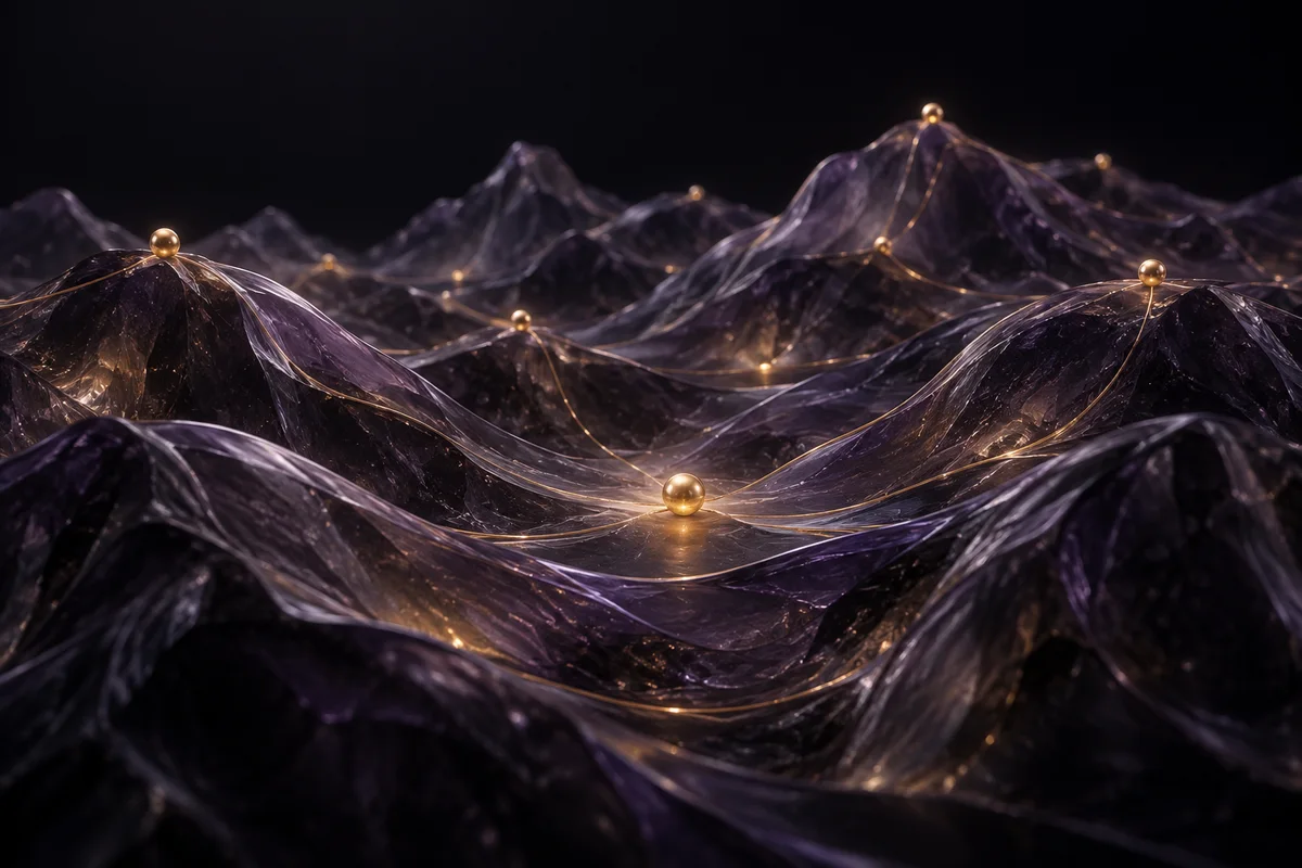 Gold ideas connect across the valleys and ridges of a violet-glass landscape.