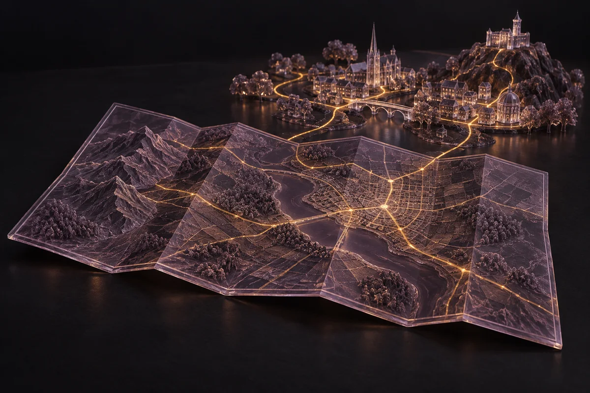 Routes on a folded glass map continue into a small, illuminated glass city.