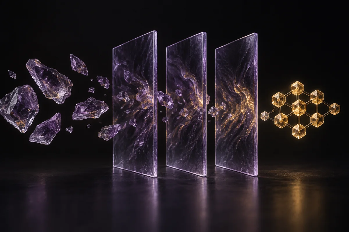 Scattered violet fragments pass through glass plates and emerge as an organised gold lattice.