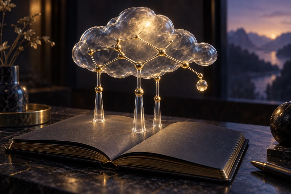 A glass thought-cloud above a notebook is held by a visible structure of gold connections and glass supports.
