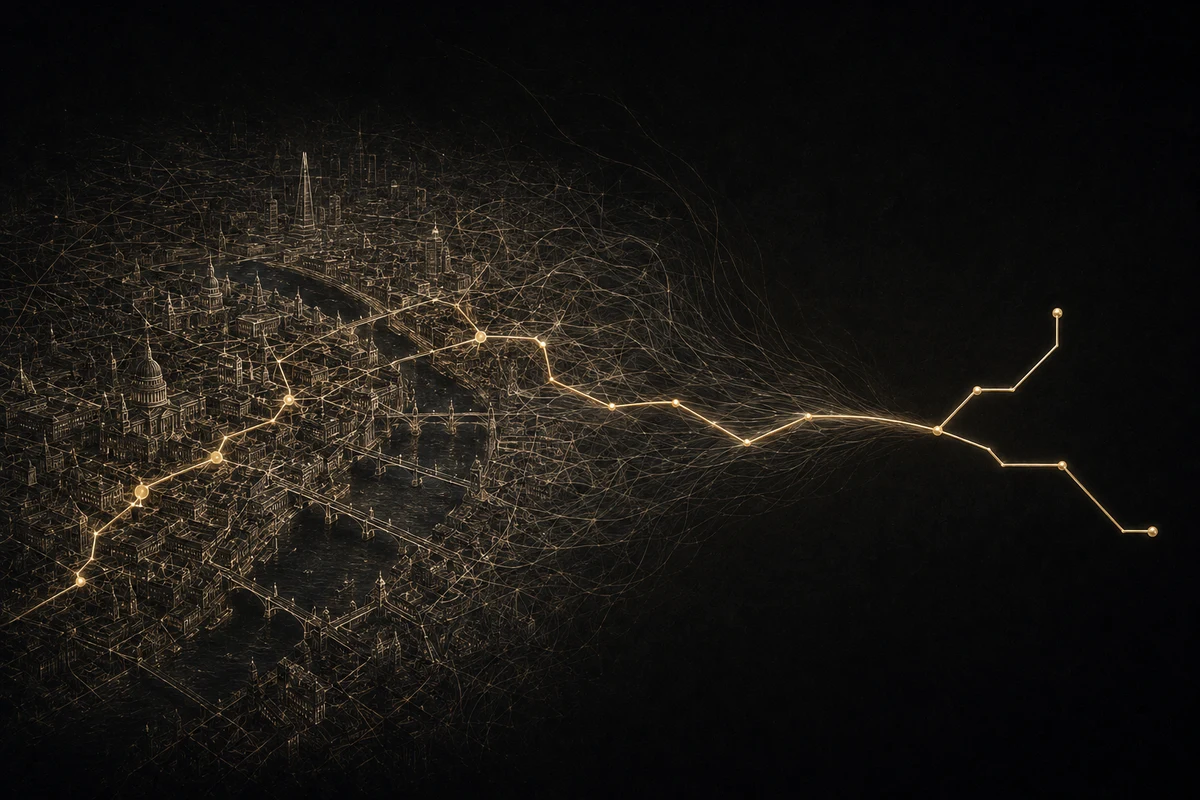 An imagined London-like city in fine ivory and gold linework dissolves into a spare gold transit-route diagram on charcoal. This is a conceptual illustration, not a working map.