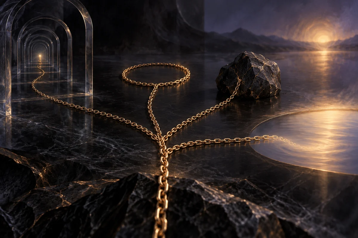 A gold chain branches towards an endless arcade, a closed loop, a solid stone and an open pool of light.