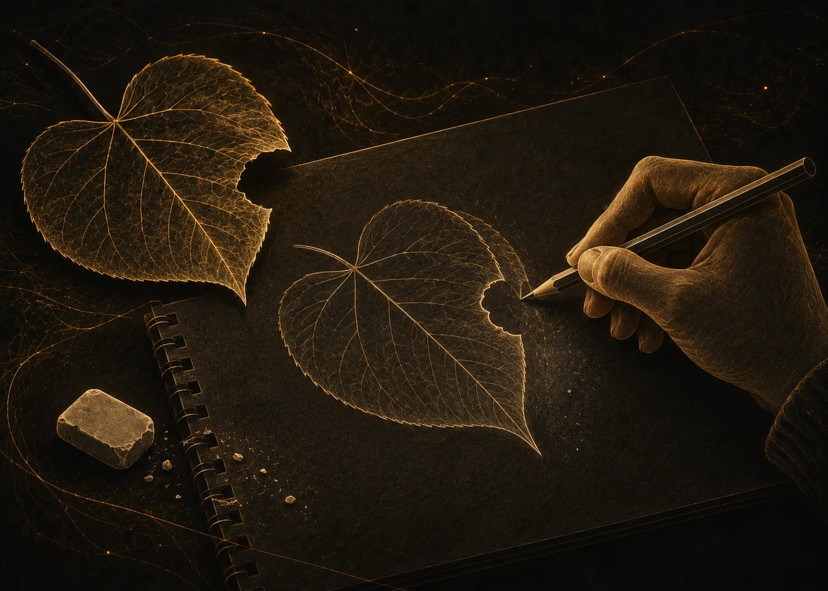 A hand redraws a leaf to include the missing notch in the real leaf beside the sketchbook. A faint earlier outline and an eraser remain visible, in gold and ivory on charcoal.