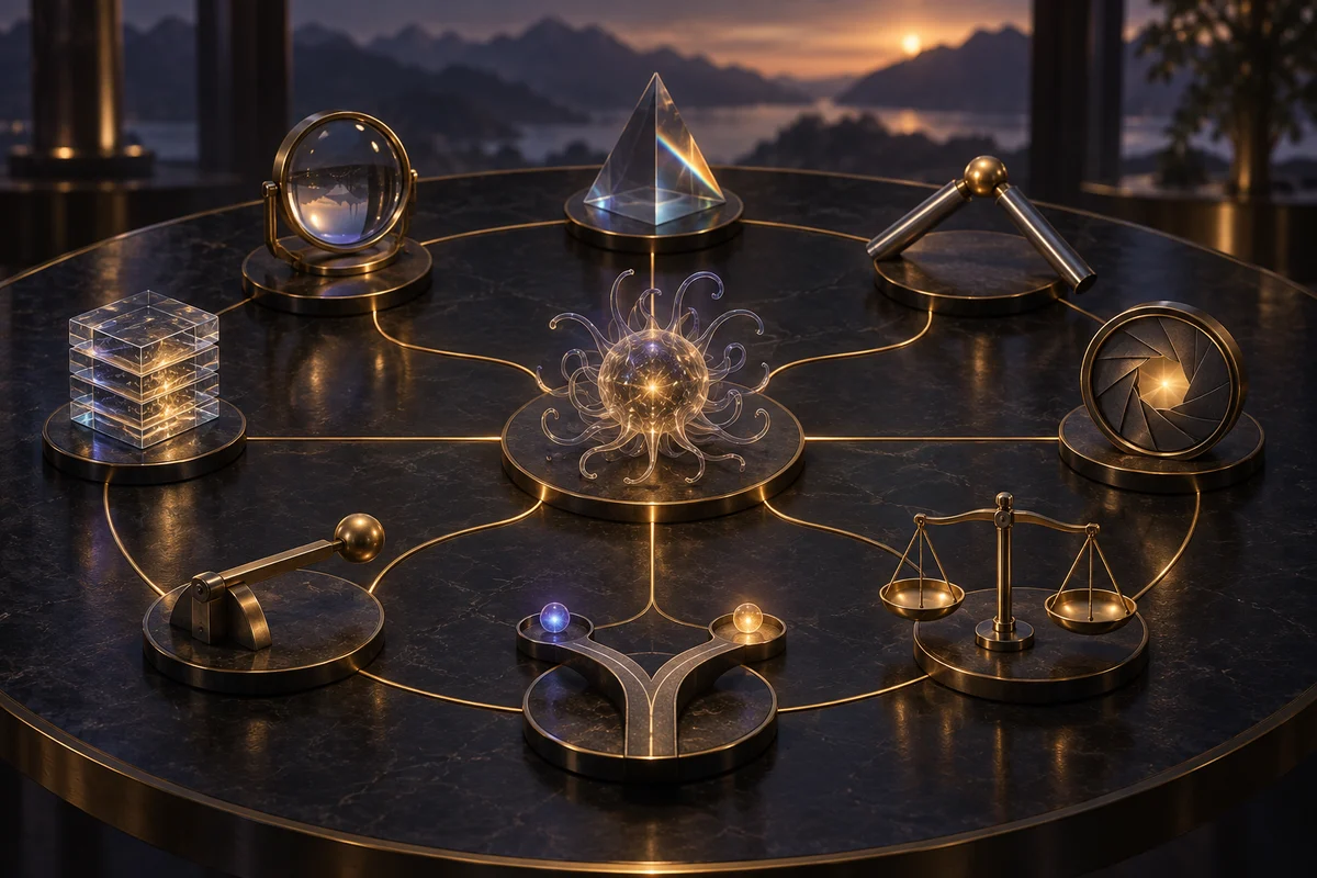 Eight distinct instruments surround a small glass organism, connected by a fine gold circuit.