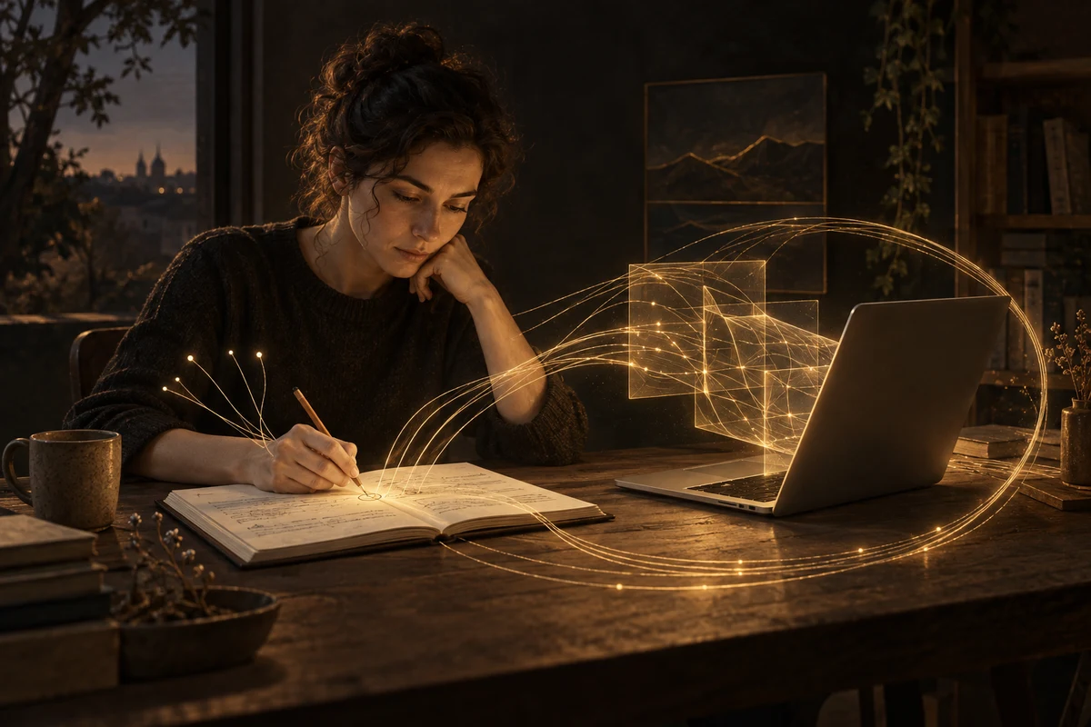 A woman considers her notebook beside a laptop, their working surfaces linked by a loop of fine golden light.