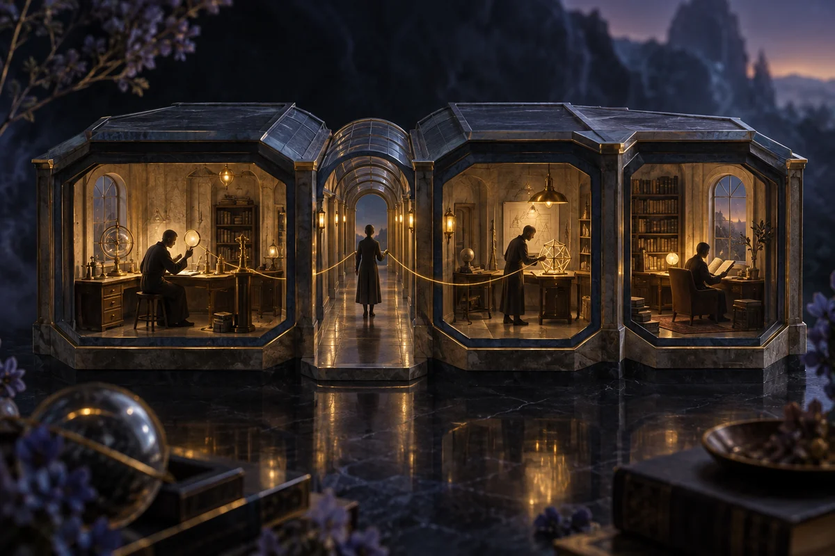 Three specialists work in separate illuminated rooms while a coordinator carries a gold thread through the connecting corridor.