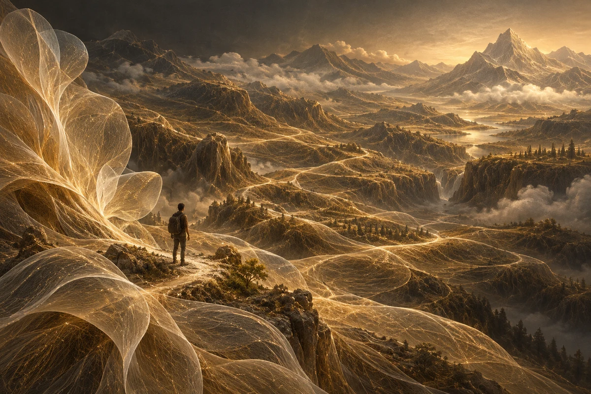 A small human figure follows illuminated paths through a mountainous landscape, with folded forms in the foreground and cloud in the valleys.