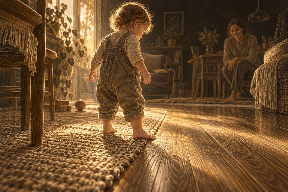 A fictional toddler stands where a textured rug meets a wooden floor, with an attentive adult in the background and warm light picking out nearby details.