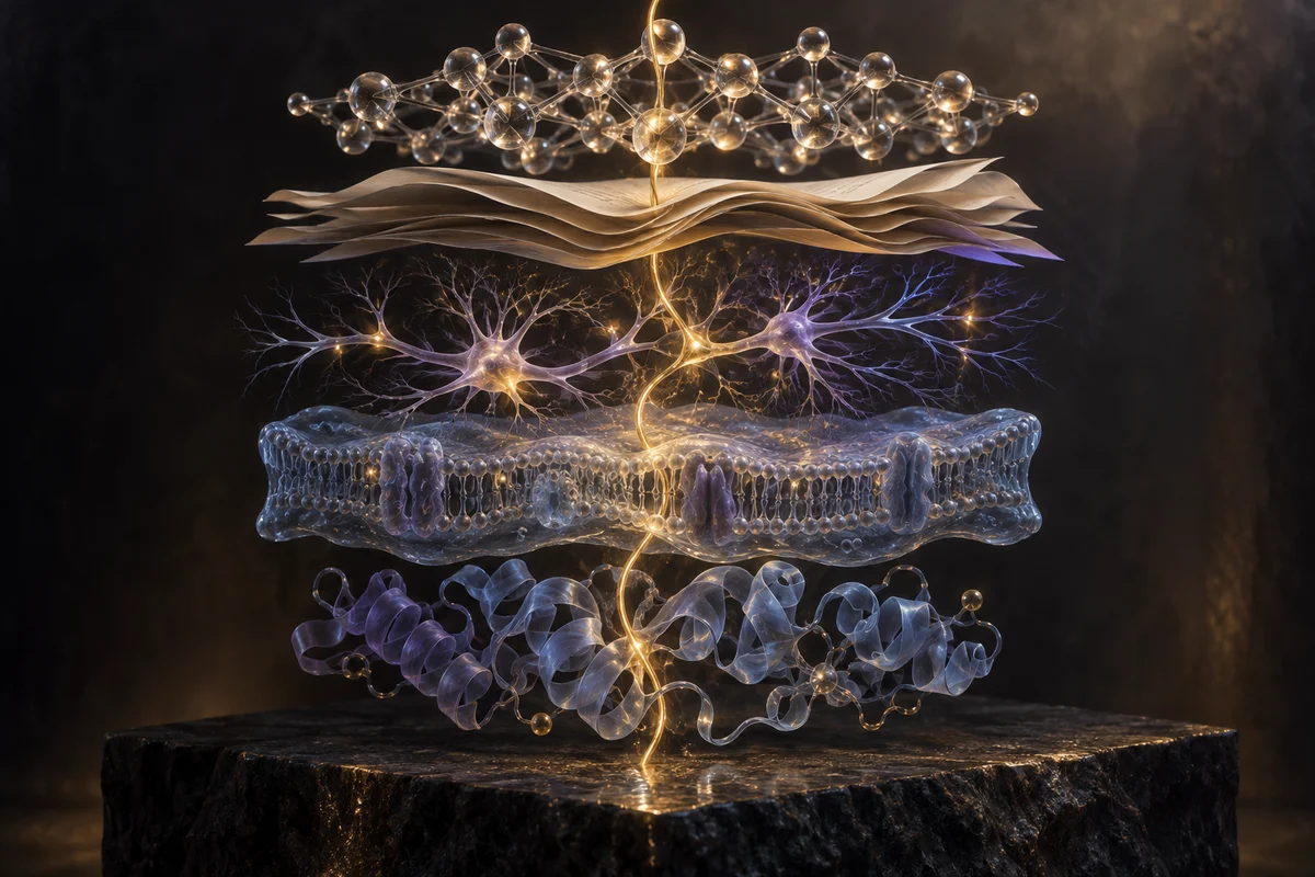 A continuous gold filament connects folded molecules, a membrane, nerve fibres, layered pages and a glass lattice.