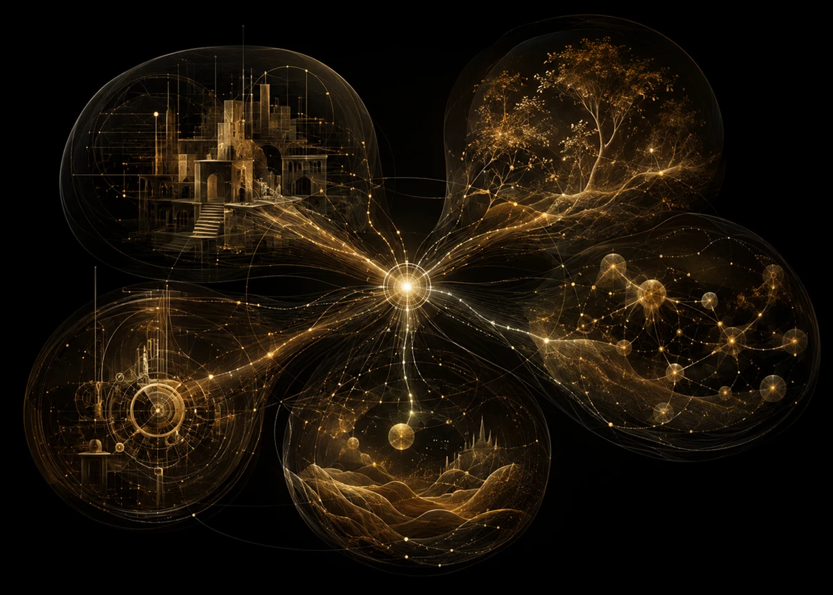 A central white-gold signal branches into five connected translucent chambers containing different architectural, organic, mechanical, geographic and network-like worlds.