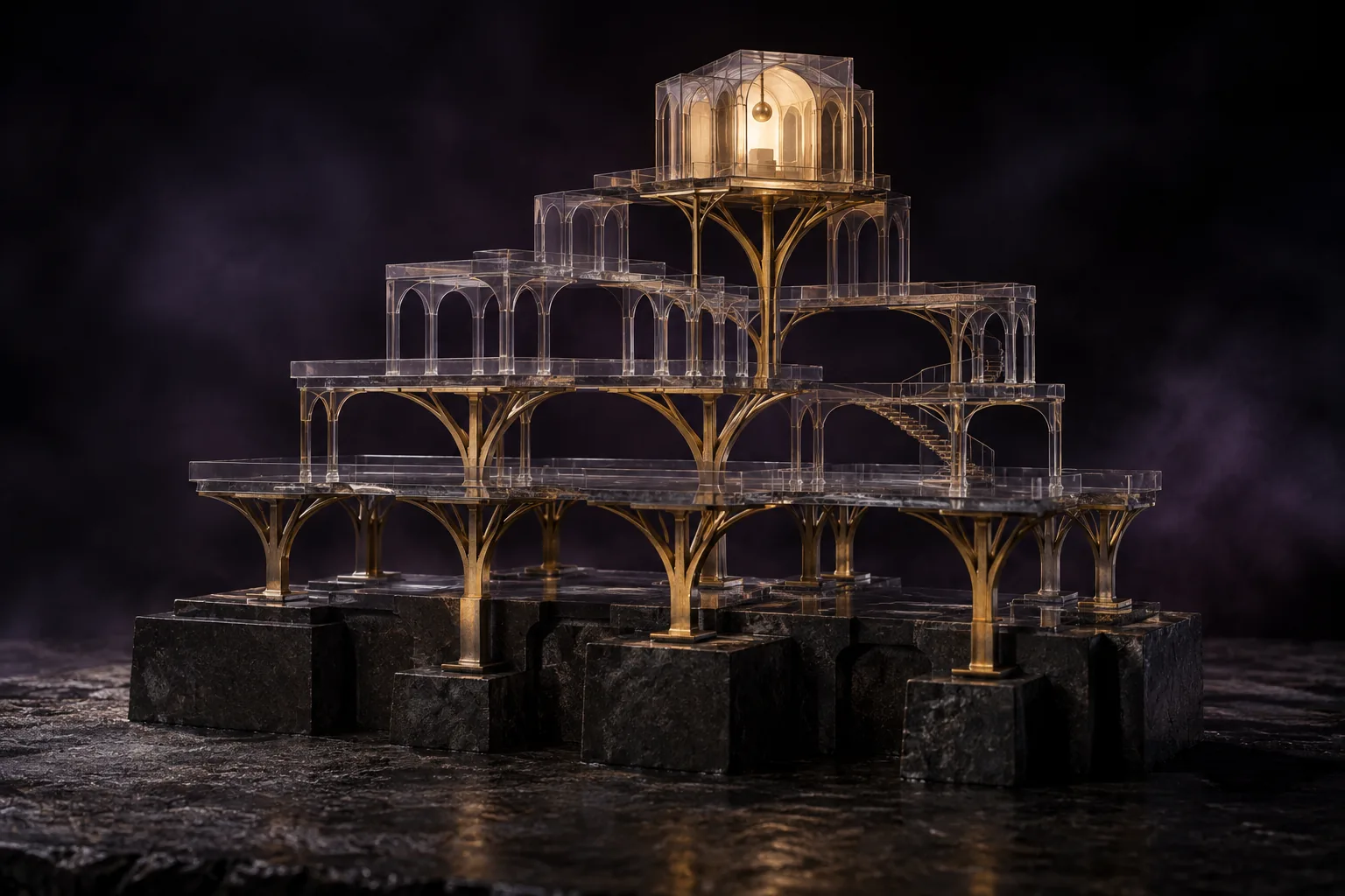 A luminous upper room rests on transparent terraces and branching gold supports, exposing every layer down to the stone foundations.