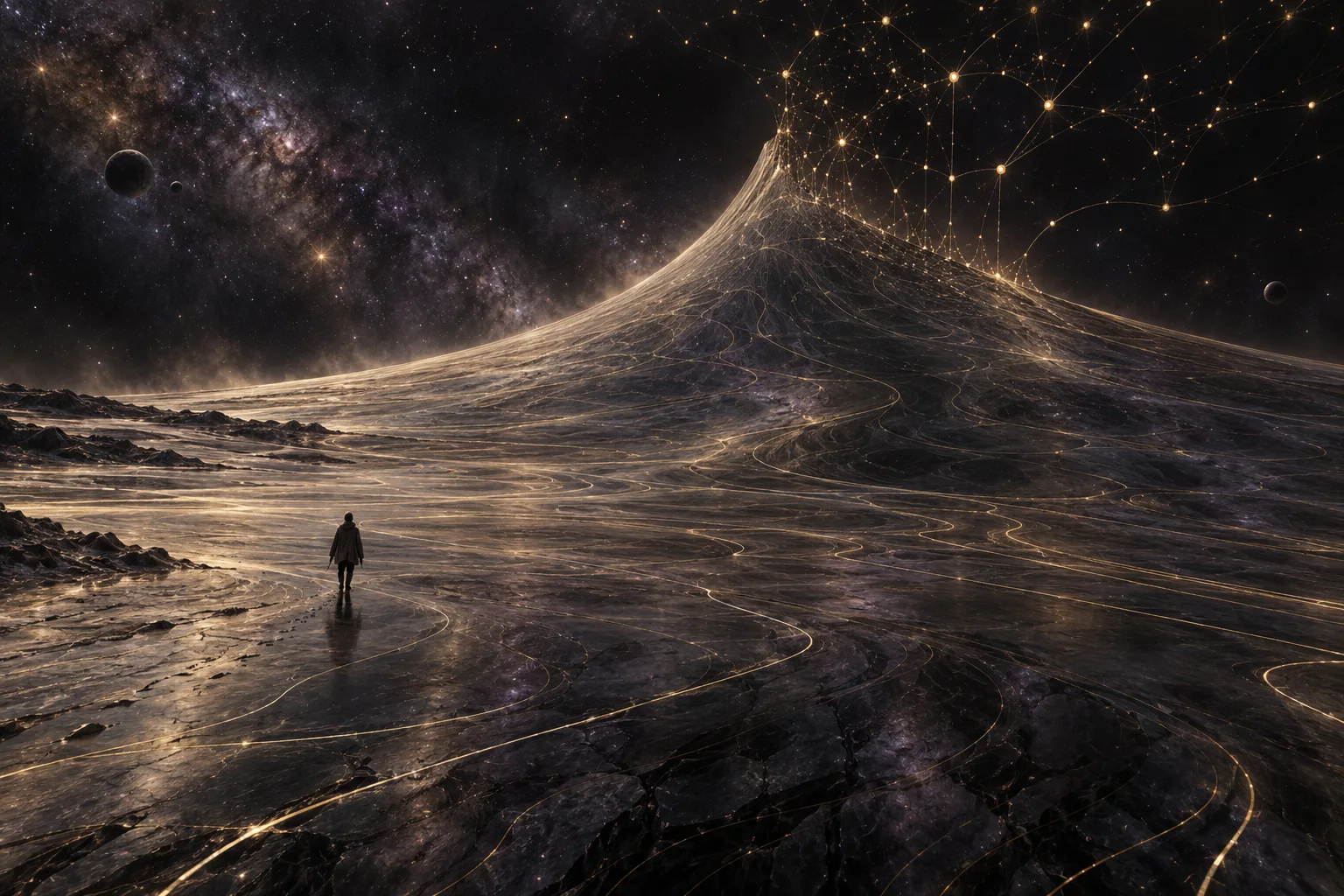 A small walker stands on a dark curved landscape whose gold contours rise into a network of points beneath a star-filled sky.