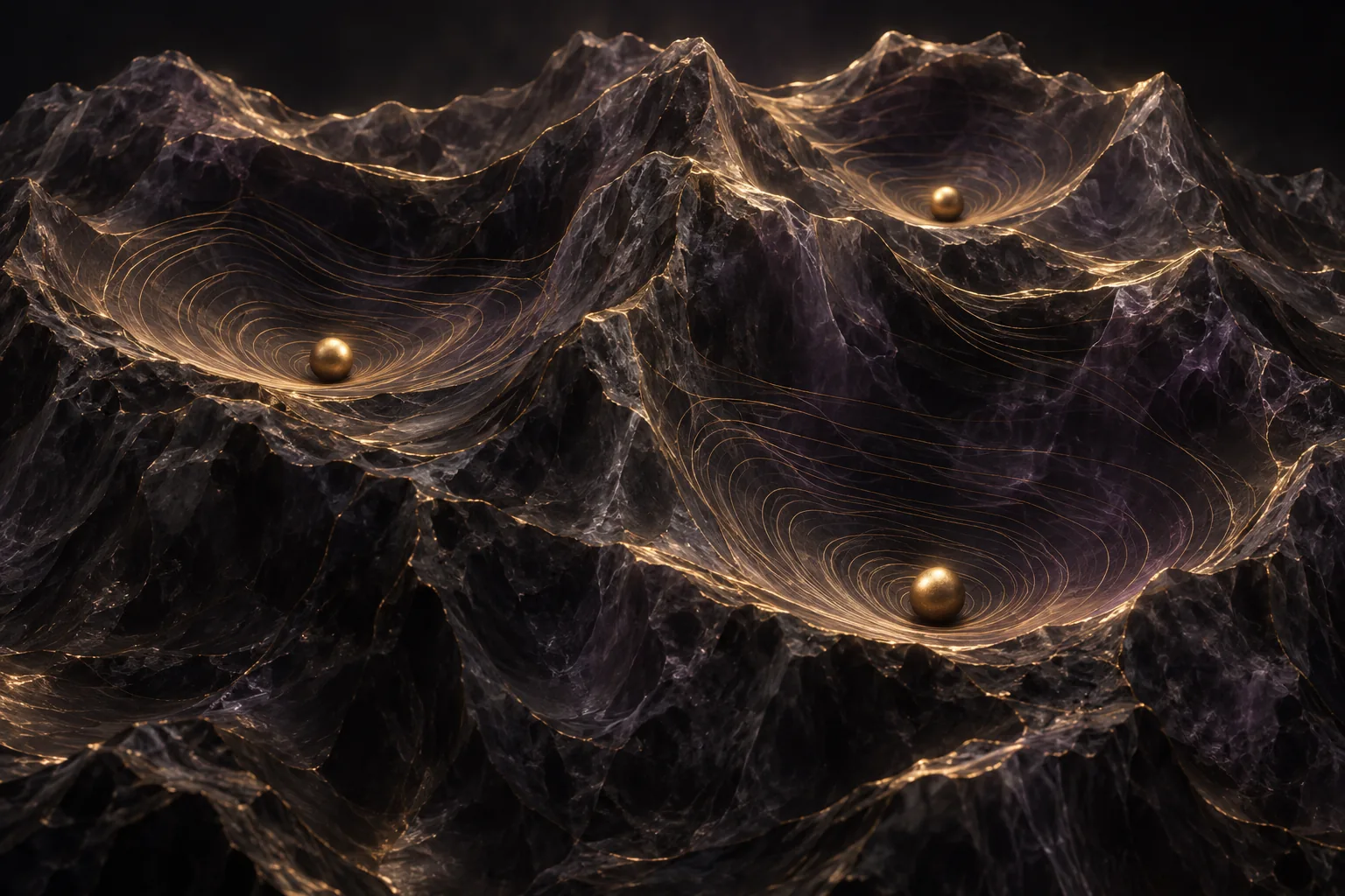Three golden spheres rest in separate valleys of a dark sculpted landscape traced with fine gold contours.