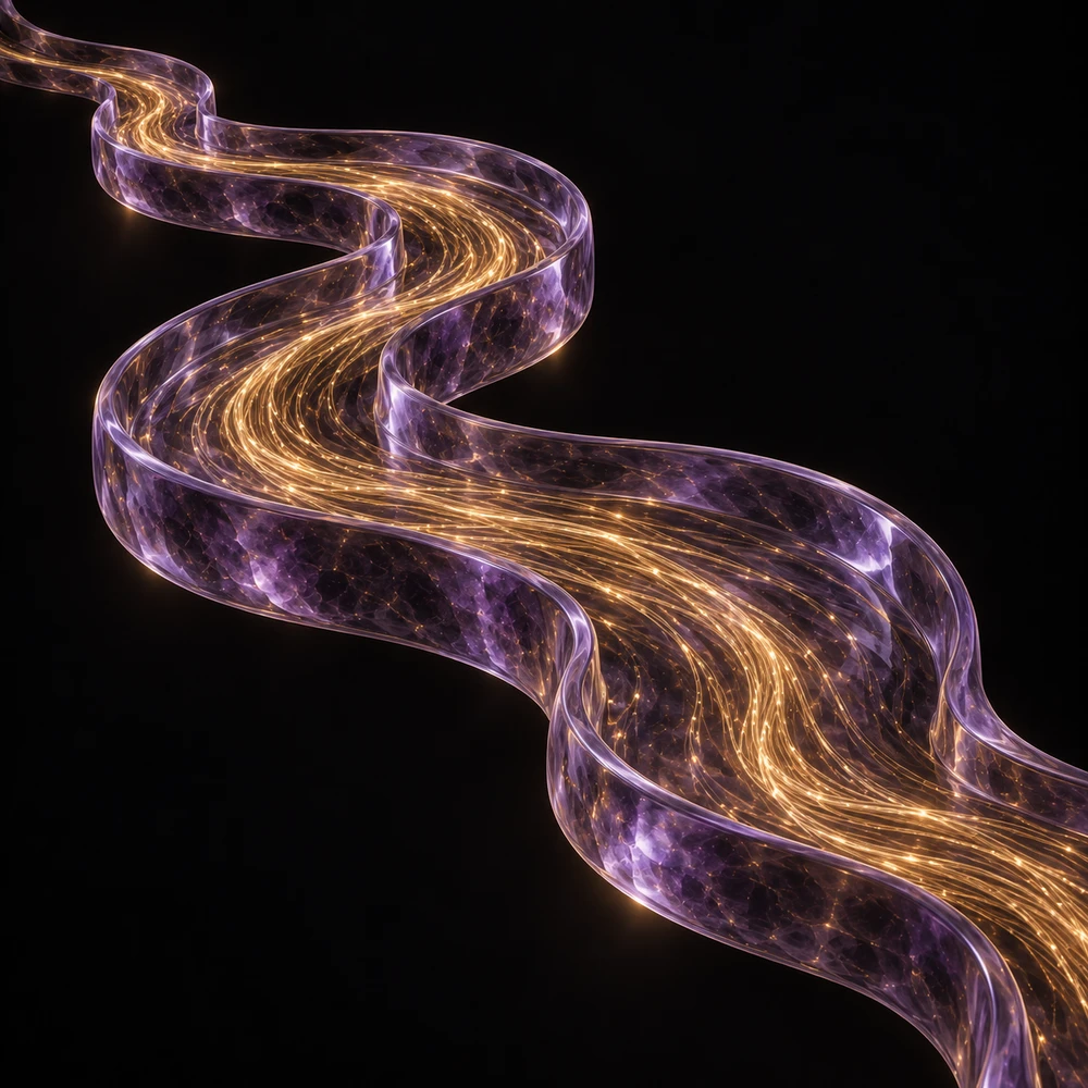 Gold currents follow the continuous bends of a winding river held between translucent violet-glass banks.