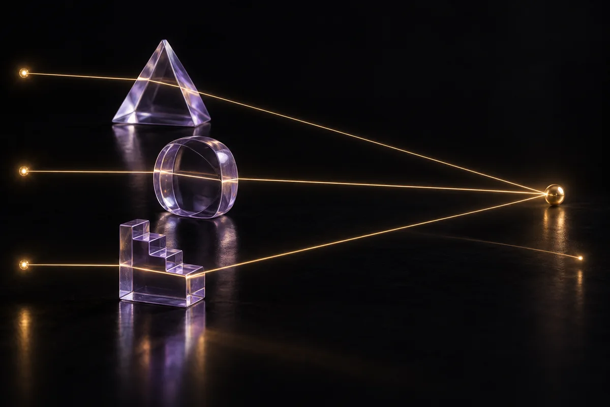 Gold rays pass through three differently shaped glass objects; most converge while one misses the shared point.