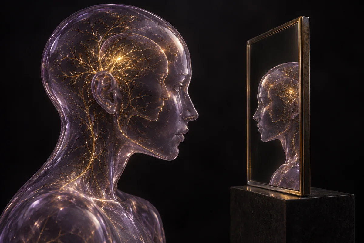 A translucent violet-glass figure faces its reflection, with fine golden structures visible inside both profiles.