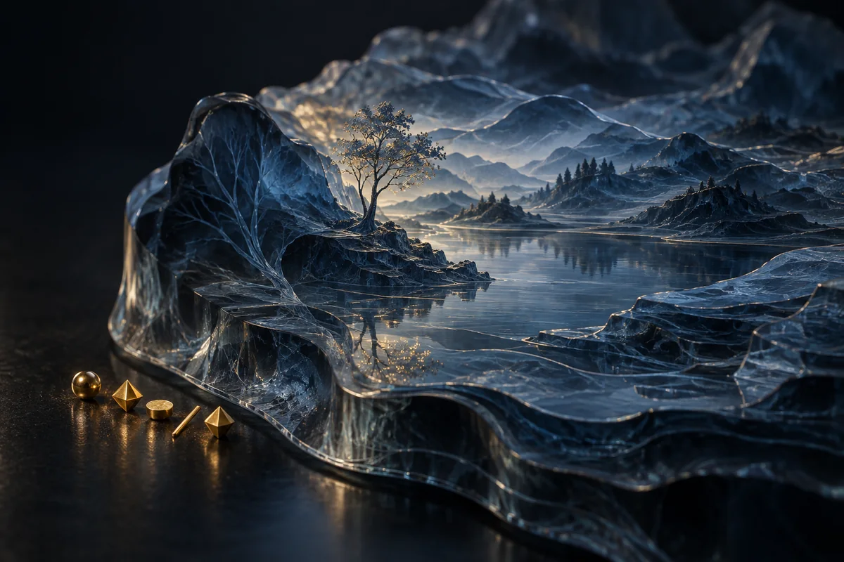 A few gold forms meet layered blue glass in which a new landscape of water, tree and hills takes shape.