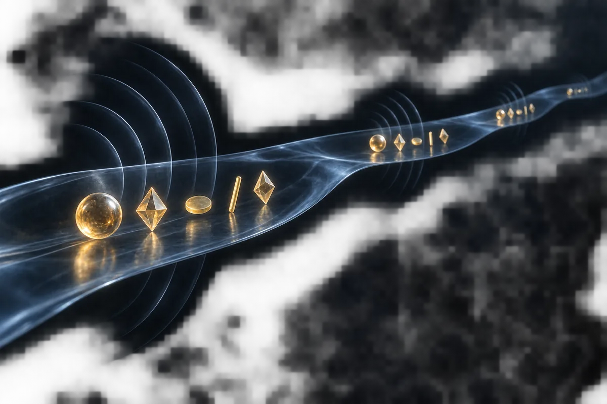 The same sparse gold forms recur along a translucent ribbon, accompanied by fine sound-like wavefronts.